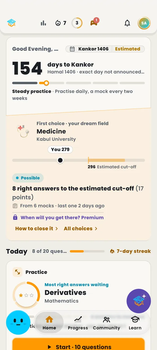 The KankorAsan app's home screen on a phone: today's review, your streak and the countdown to the Kankor